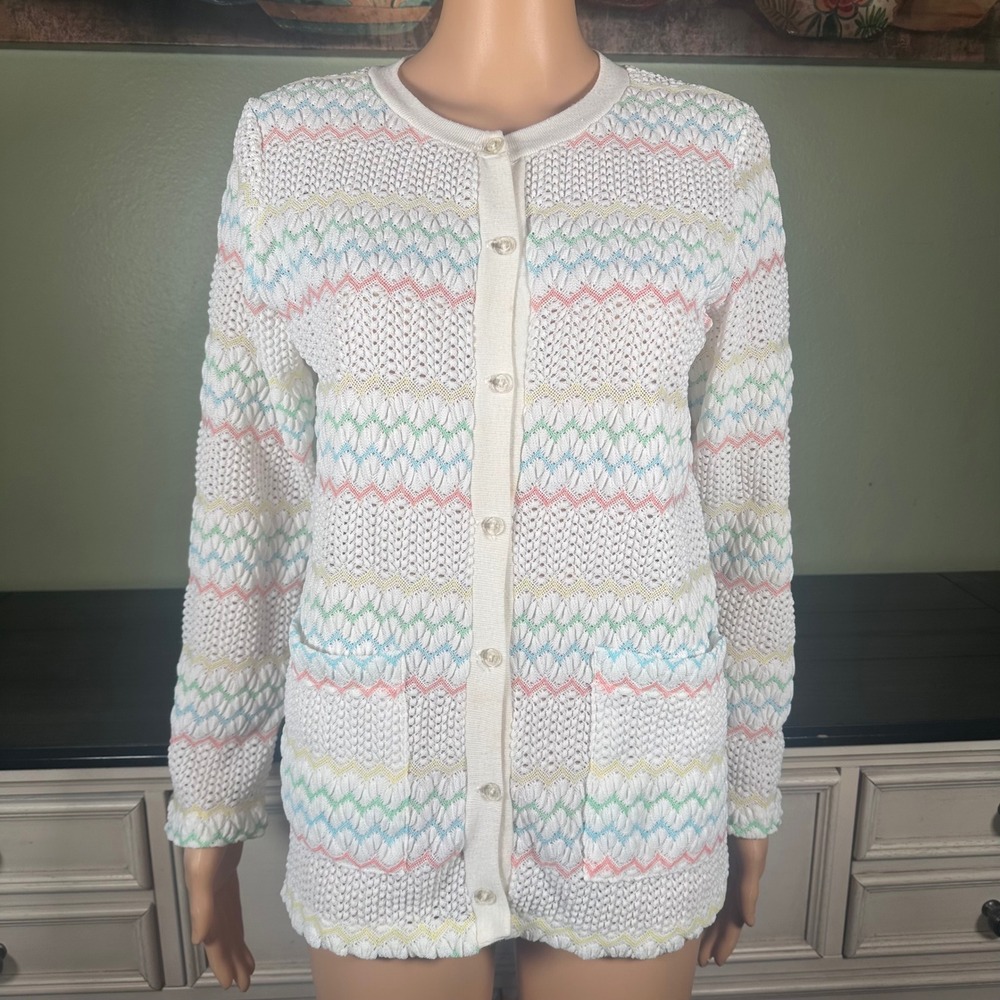Monarch Knits Cardigan Vintage Pastel Striped Open Knit Sweater Button Front